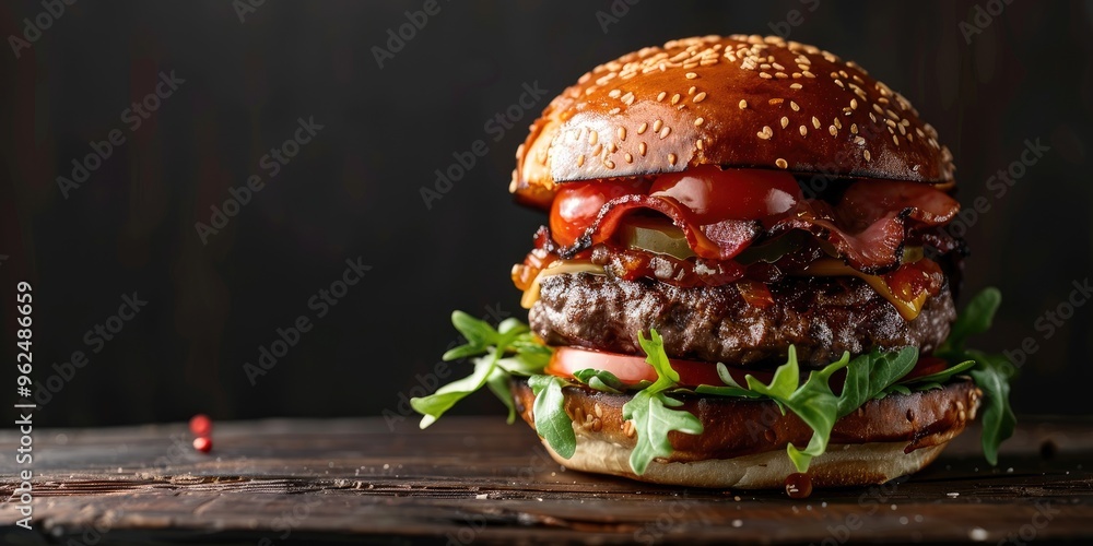 Poster detailed view of a hamburger featuring various meats and sauces, with empty area for text.