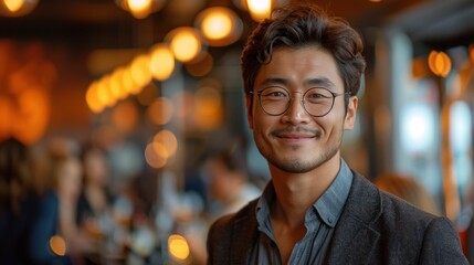 Fototapeta premium A man with glasses is smiling at the camera in a restaurant