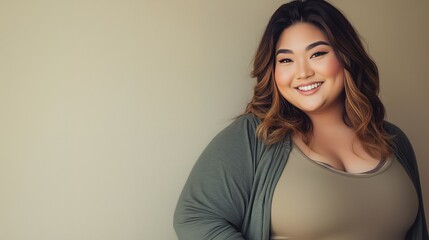 Portrait of a smiling woman with long brown hair wearing a green cardigan.