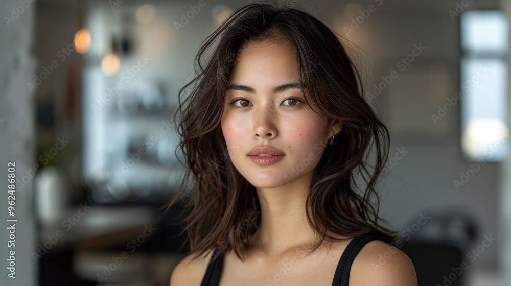 Wall mural A woman with long brown hair and a nose piercing stands in front of a wall