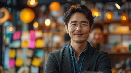 Fototapeta premium A man with glasses is smiling and posing for a picture