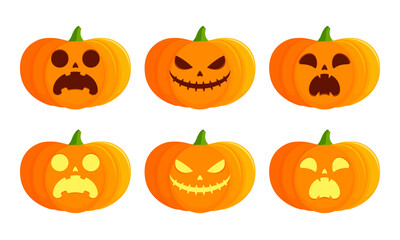 Set of lit and unlit jack-o'-lantern pumpkins with shocked, sinister, and scared faces. Flat vector illustration isolated on white background. Halloween decoration concept