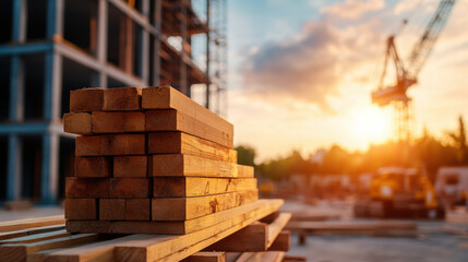A stack of wooden planks at a construction site with a crane in the background and the sun setting in the distance.