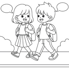 Children are going to school outine coloring page.