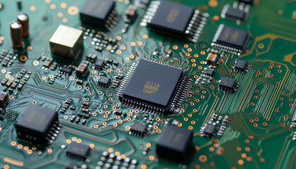 A close-up of a circuit board showcasing integrated circuits and connections, highlighting technological design and functionality.