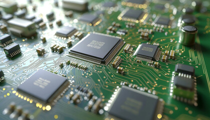 Obraz premium A close-up view of a complex circuit board showcasing various microchips and electronic components.