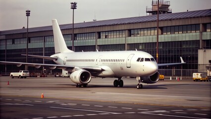 Obraz premium Airplane parked at the airport , travel, transportation, aviation, commercial, runway, jet, flight, terminal, airline
