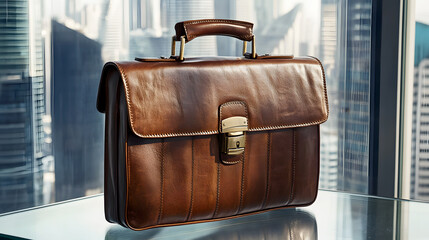 premium leather briefcase resting on a glass table, with cityscape views in the background, signifying success and professionalism