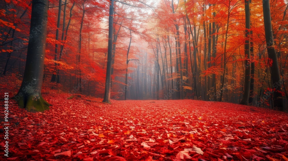 Poster an intense red autumn forest with a carpet of fallen leaves. the trees stand tall in the mist, creat