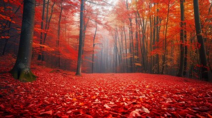 Fototapeta premium An intense red autumn forest with a carpet of fallen leaves. The trees stand tall in the mist, creating a dramatic and atmospheric scene. Perfect for capturing the essence of the fall season.