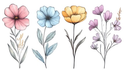 Four different colored flowers are shown in a row