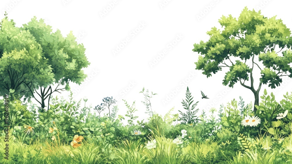 Poster A lush green field with trees in the background