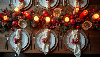 A festive holiday table with elegant decorations, glowing candles, and polished silverware.







