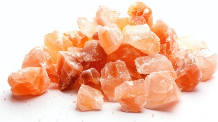 Himalayan salt crystals on white background.