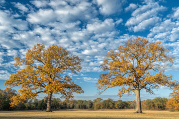 Fototapeta premium A serene landscape featuring two golden-leaved trees under a blue sky with scattered clouds, evoking tranquility.