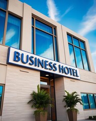 Modern Business Hotel Exterior with Glass Windows and Palm Plants at Entrance
