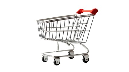 A shopping cart with red handles and silver wheels