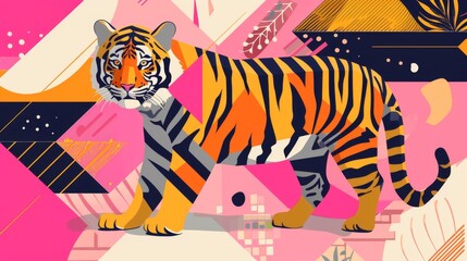 An eye-catching illustration of a tiger, rendered with vibrant colors and set against a lively abstract backdrop. The artwork combines the majestic presence of the tiger with modern design elements