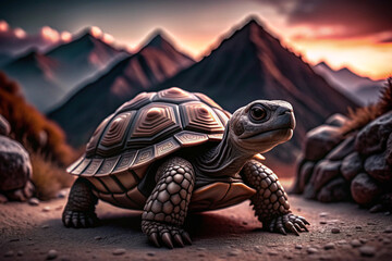 Tortoise Walking Towards a Mountain Range at Sunset
