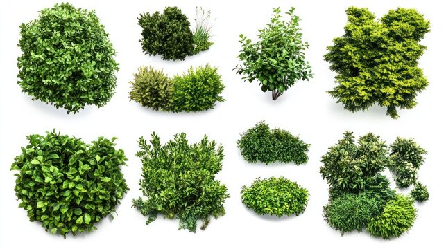 Collection of Green Bushes and Small Trees Isolated on White Background