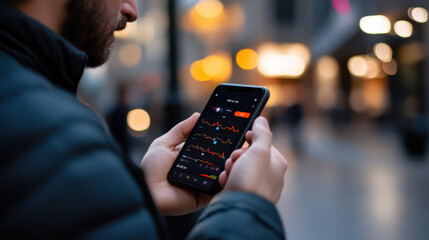 A man uses a smartphone app to track live stock market data, focusing on charts and price fluctuations in a city setting.