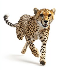 A cheetah is running on a white background