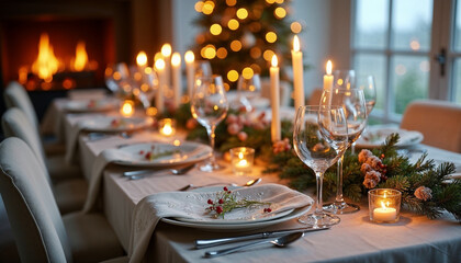 A festive holiday table with elegant decorations, glowing candles, and polished silverware.







