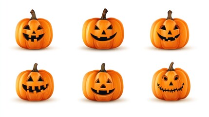 Six Jack-O-Lantern Pumpkins with Various Facial Expressions