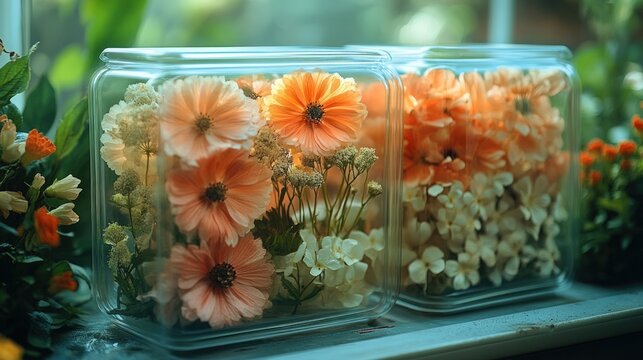 Two clear glass cubes filled with preserved flowers.