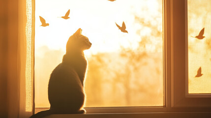 A cat sitting comfortably on windowsill, watching birds outside as warm sunlight fills room.