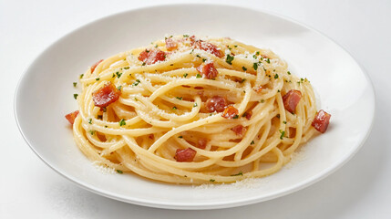 A plate of spaghetti with bacon and cheese on top. The dish is served on a white plate