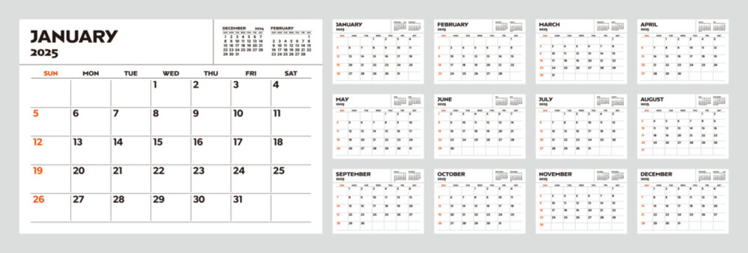 Set of 12 months of monthly calendars for 2025. Desktop calendar with simple design. Week starts on Sunday.