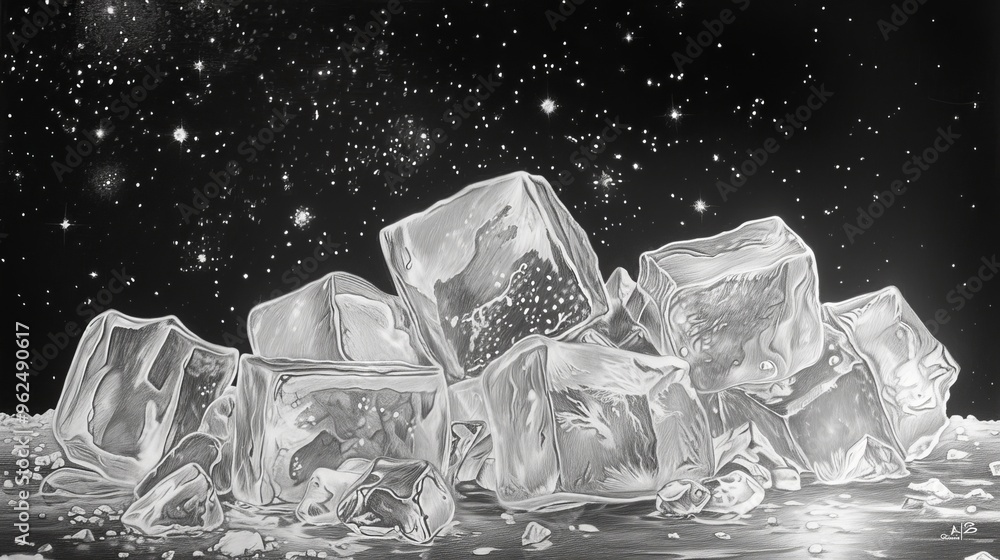 Poster ice cubes scattered on a moonlit landscape with a starry sky, creating a serene and surreal night sc