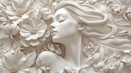 3D relief of a woman and flowers creating an intricate background wallpaper.  AI generative.