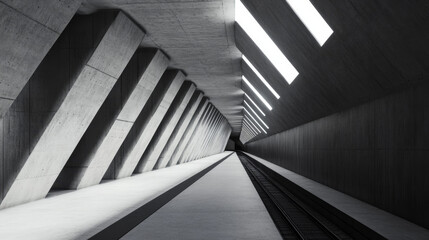 Fototapeta premium Futuristic underground metro station with sleek concrete walls and angular design, illuminated by bright lights.