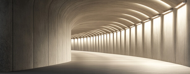 Obraz premium A panoramic view of modern underground concrete highway with soft lighting, creating serene atmosphere.