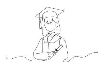 Girl wearing graduation hat and uniform continuous line art drawing. Vector illustration