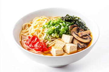 A bowl of ramen with red sauce, mushrooms, and tofu. The bowl is white and the food is colorful