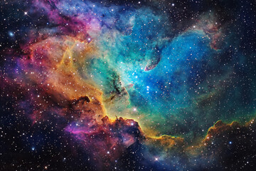 Fototapeta premium A vibrant cosmic nebula filled with colorful gases and stars, showcasing the beauty of the universe.