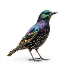 A bird with a blue and green head and a purple body stands on a white background