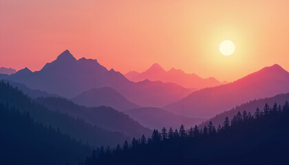 A mountain range at sunset, with vibrant orange and purple hues and gentle shadows creating a tranquil, breathtaking scene.







