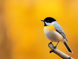 Obraz premium A small bird with a black head and yellow chest perches on a branch against a blurry yellow background.