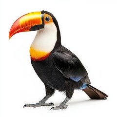 Fototapeta premium A black and yellow bird with a long beak stands on a white background