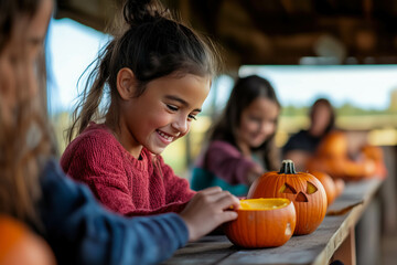 Group of Children Carving Pumpkins at Outdoor Autumn Event