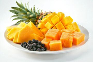 A plate of fruit with a pineapple on top
