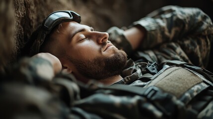 Fototapeta premium A soldier in camouflage fatigues rests his head on his hands, taking a moment of peace in the wilderness.