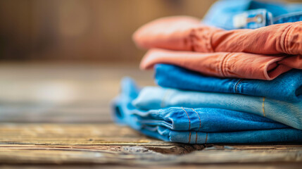 Fototapeta premium Stack of colorful denim jeans on rustic wood