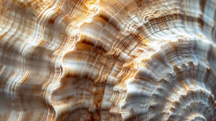 A macro shot focusing on the surface texture of a seashell. The detailed ridges and natural coloration highlight the unique patterns and organic beauty of the shell, set against a blurred background.