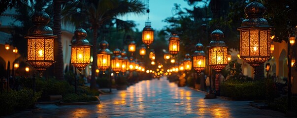 A pathway lined with glowing lanterns in a tropical setting.