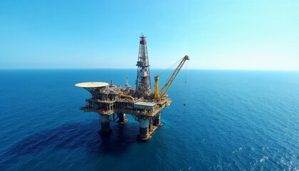 An oil rig platform stands prominently against the vast ocean, showcasing its structure and machinery with endless blue waters and sky in the background.